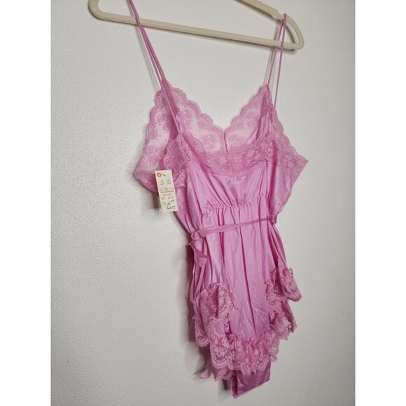 Vintage 70s 80s Gilligan O Malley Bodysuit One Piece Slip Romper Teddy Pink Lace - Picture 4 of 7